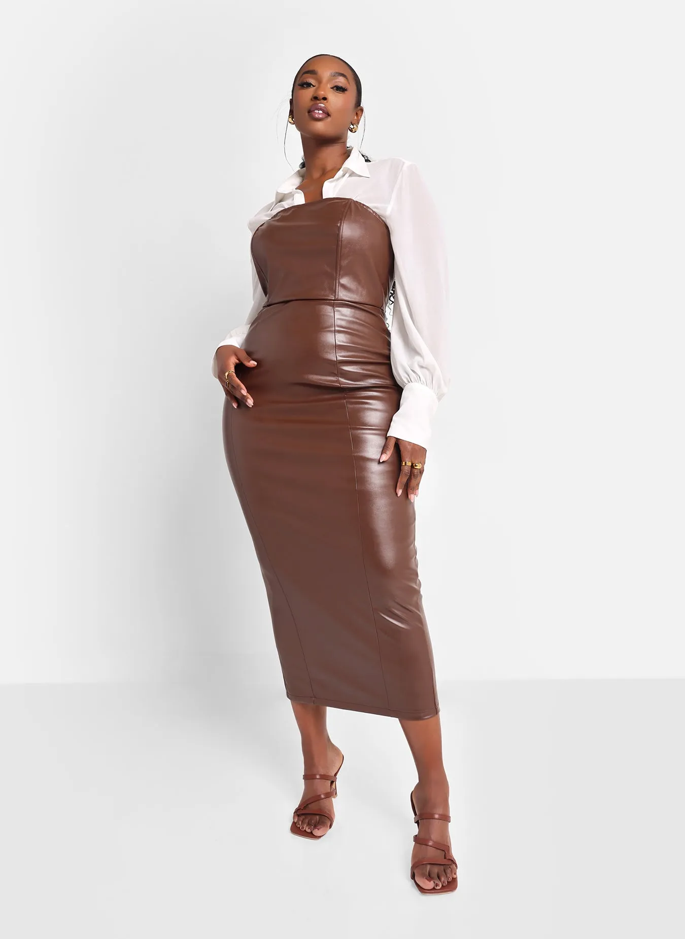 Shelby Faux Leather Midi Bodycon Dress - Chocolate sold by Rebdolls