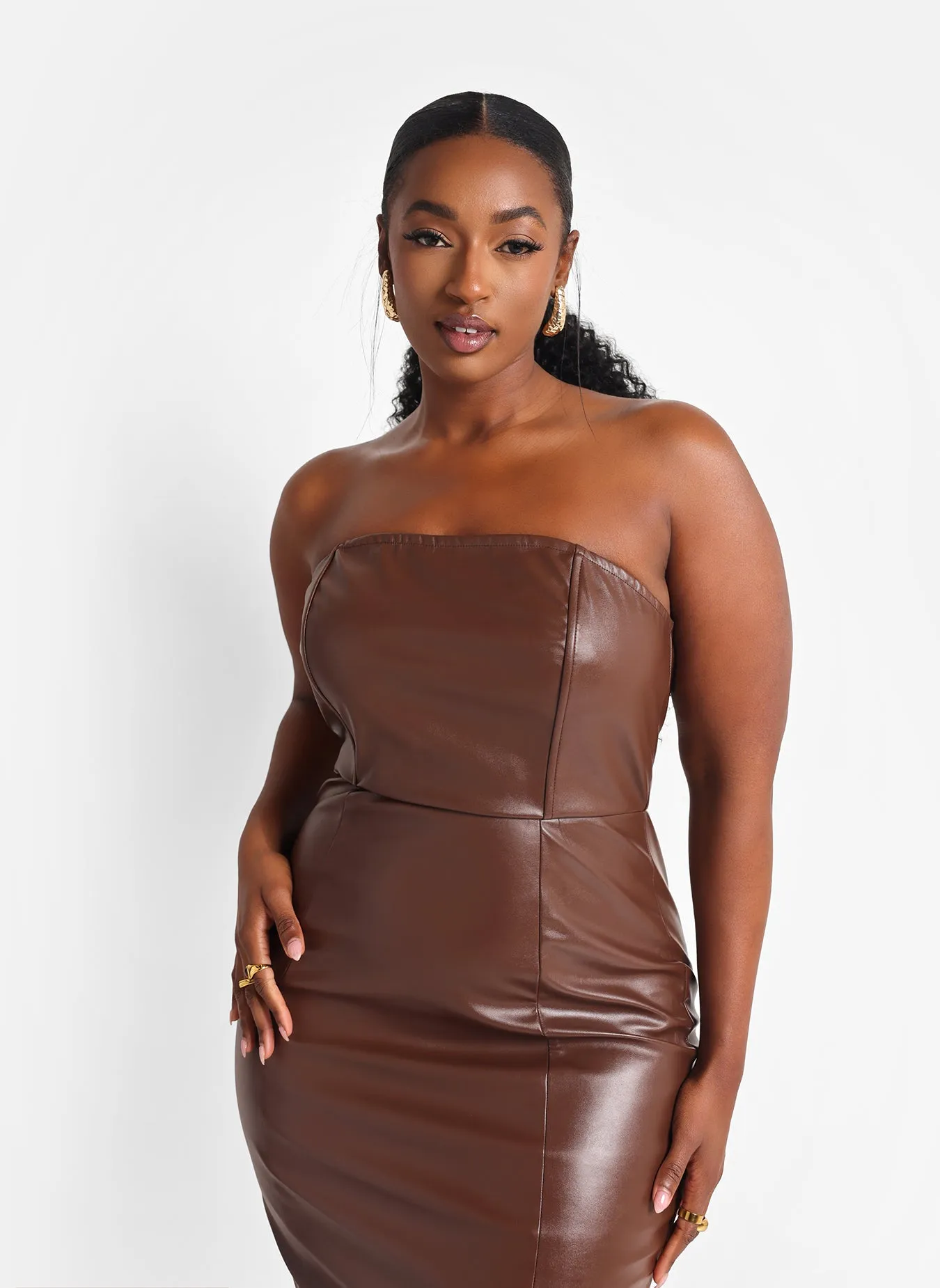 Shelby Faux Leather Midi Bodycon Dress - Chocolate sold by Rebdolls product image thumbnail 3