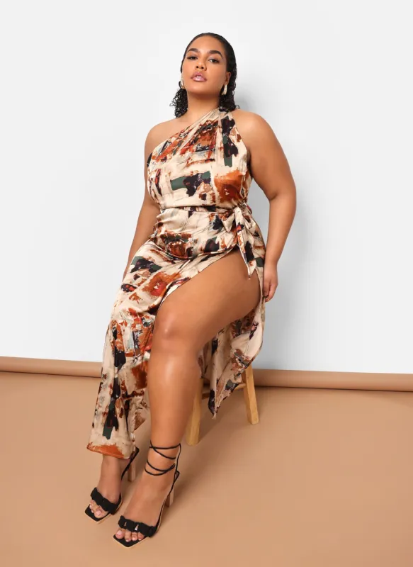 Kiera Satin Abstract Print One Shoulder Maxi Shift Dress sold by Rebdolls