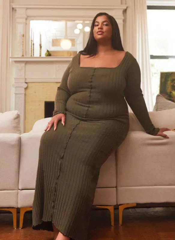 Evelyn Ribbed Square Neck Maxi A Line Dress - Olive Green sold by Rebdolls