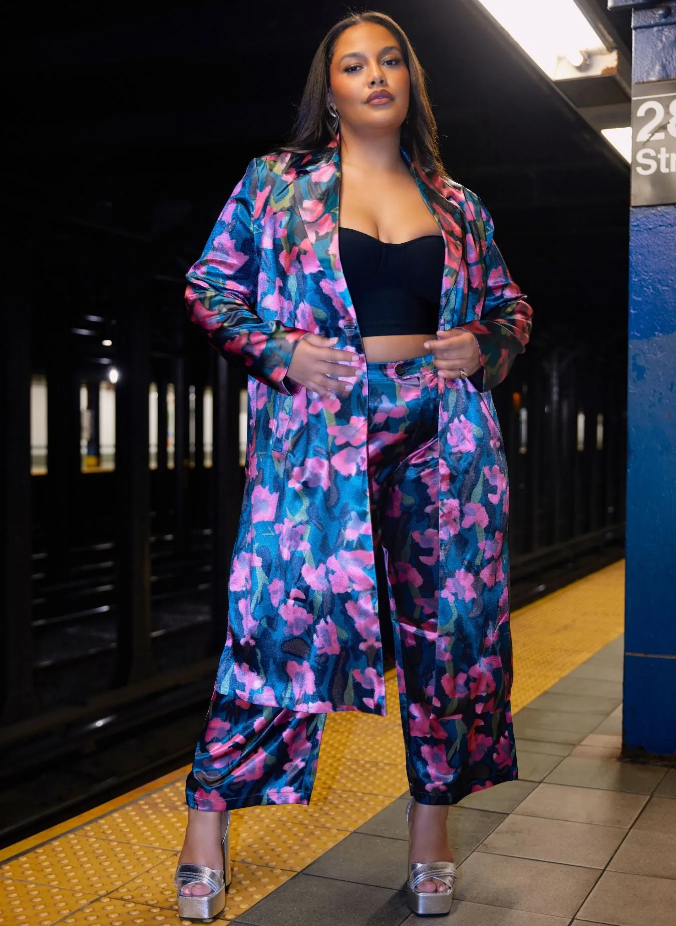 Venus Floral Print Satin Longline Blazer sold by Rebdolls