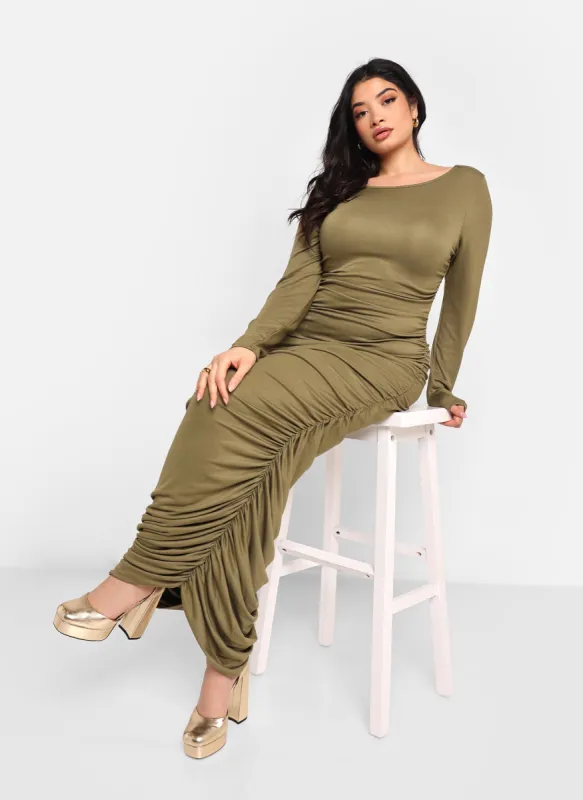 Jennifer Ruched Side Maxi Bodycon Dress - Olive sold by Rebdolls