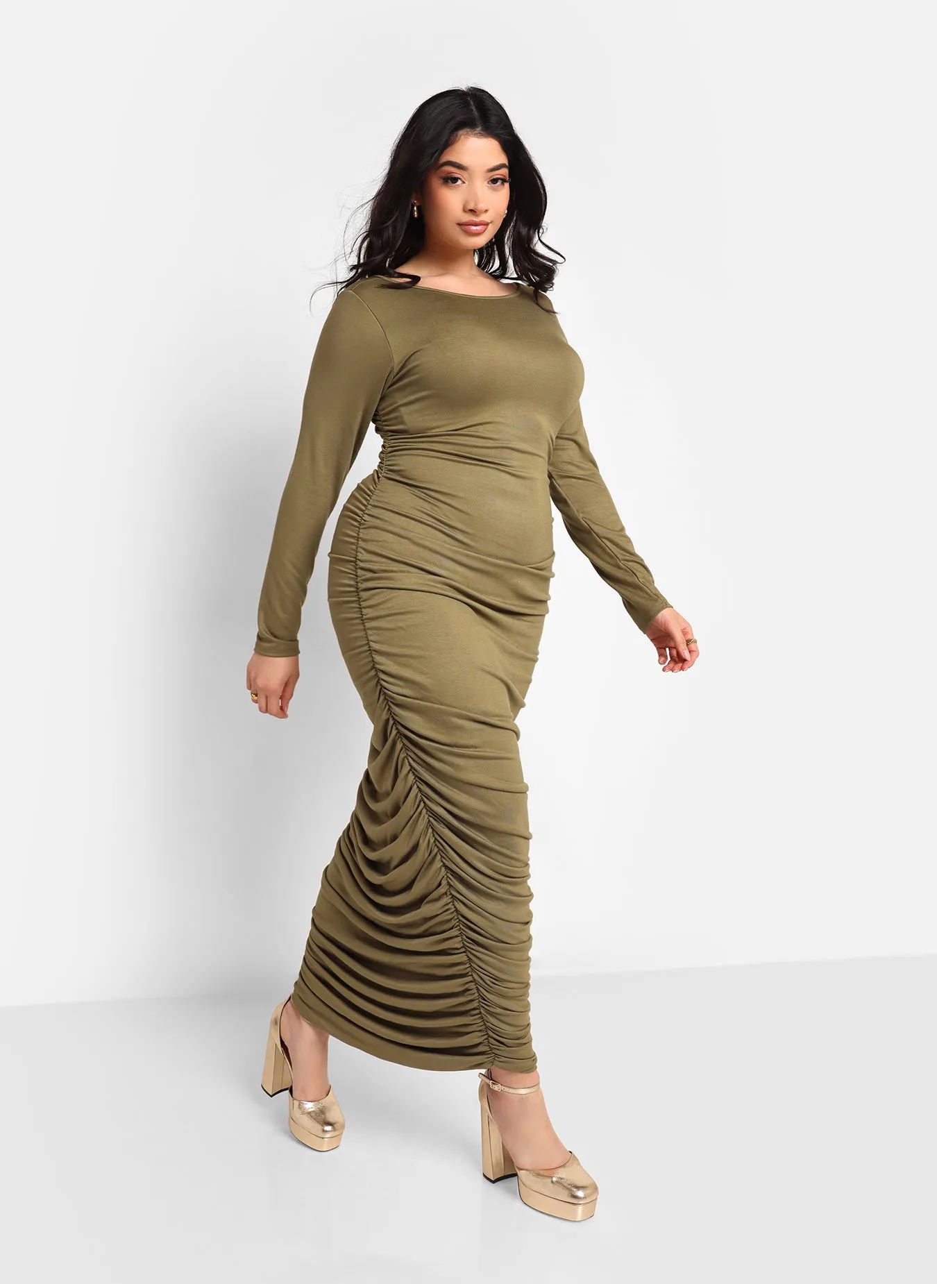Jennifer Ruched Side Maxi Bodycon Dress - Olive sold by Rebdolls product image thumbnail 2