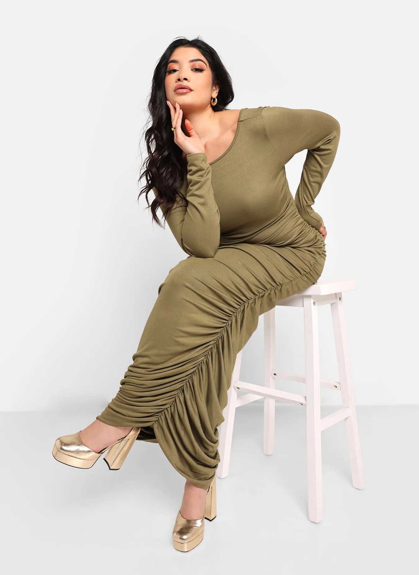 Jennifer Ruched Side Maxi Bodycon Dress - Olive sold by Rebdolls product image thumbnail 3