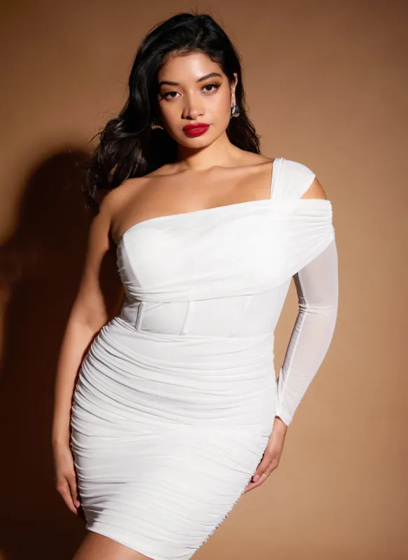 Asha Mesh One Shoulder Corset Ruched Mini Bodycon Dress sold by Rebdolls