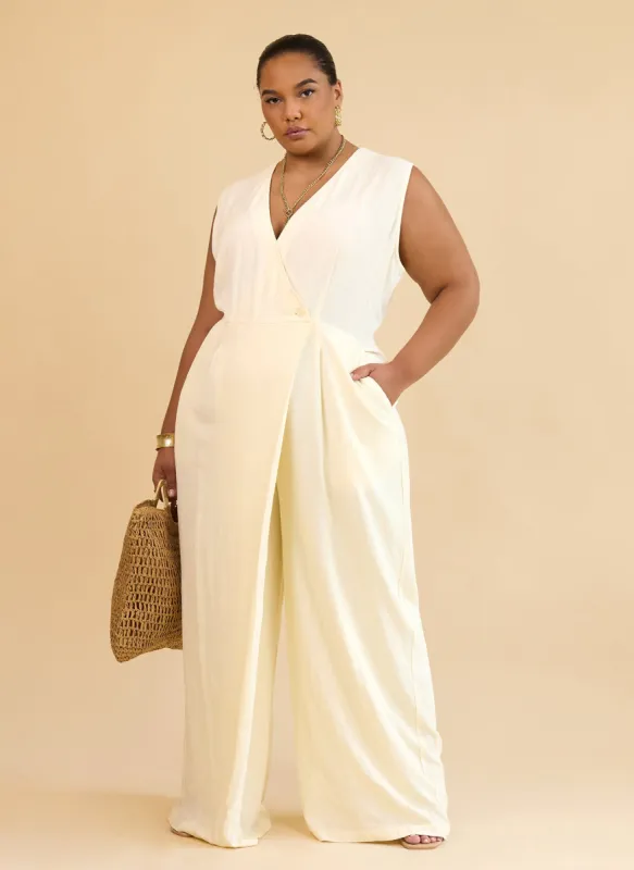 Alia Linen Wrap Overlay Wide Leg Jumpsuit - Ivory sold by Rebdolls