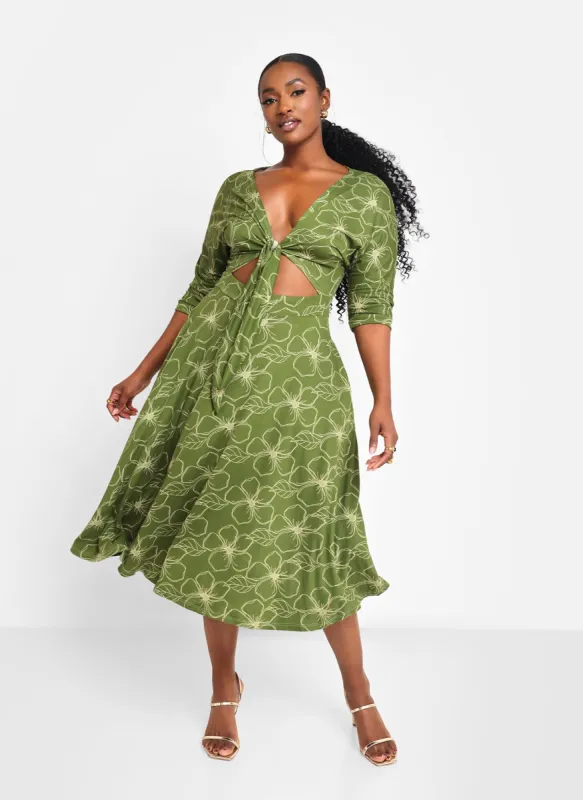 Sage Floral Cut Out Midi A Line Dress W. Pockets sold by Rebdolls