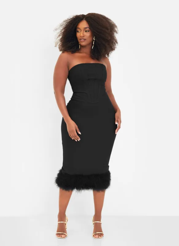 Ari Bandage Corset Feathered Hem Midi Bodycon Dress sold by Rebdolls
