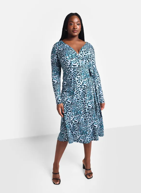 Darla Blue Leopard Midi Wrap Dress sold by Rebdolls