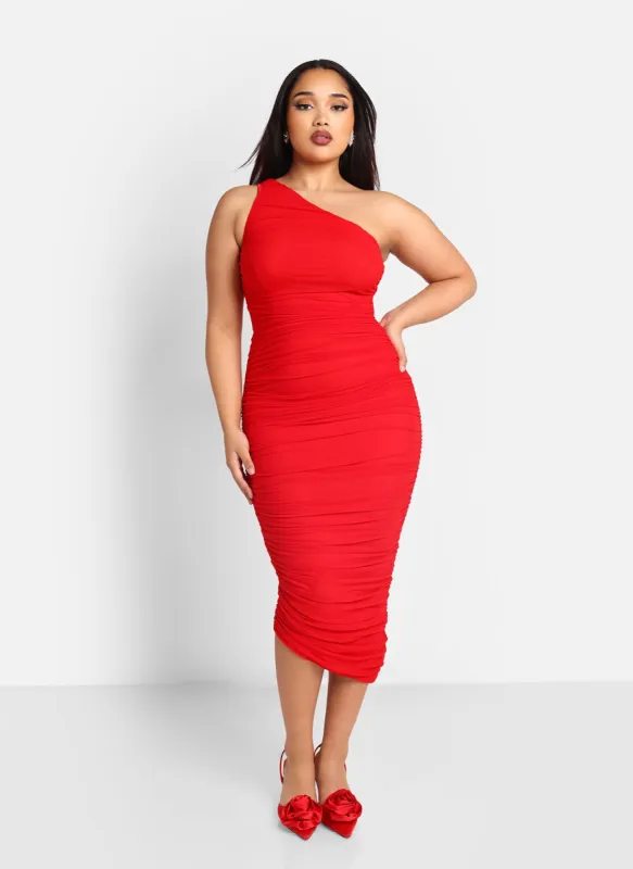 Paris Mesh One Shoulder Asymmetrical Midi Bodycon Dress - Cherry sold by Rebdolls