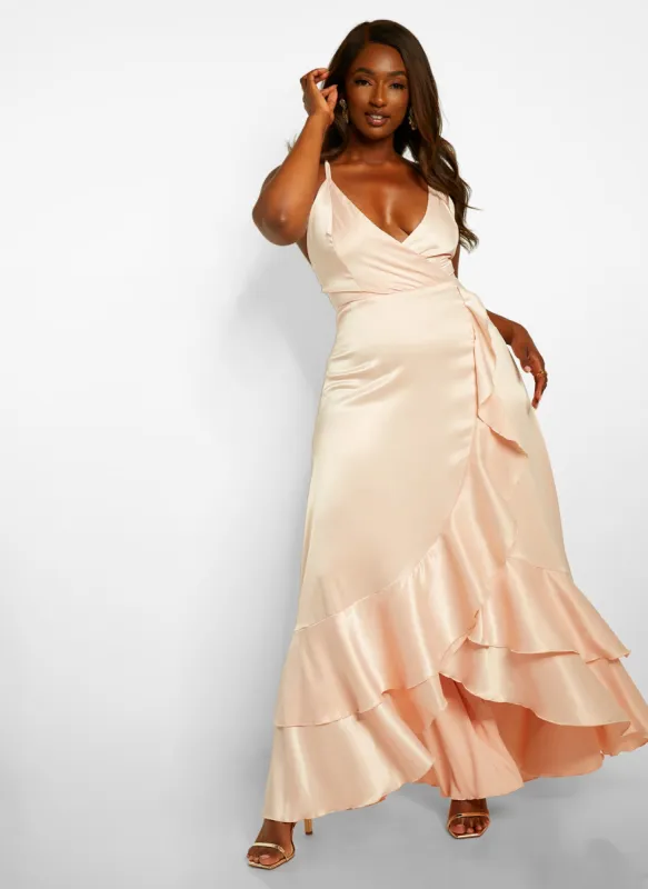 Edeline Satin Ruffle Maxi A Line Dress - Blush sold by Rebdolls