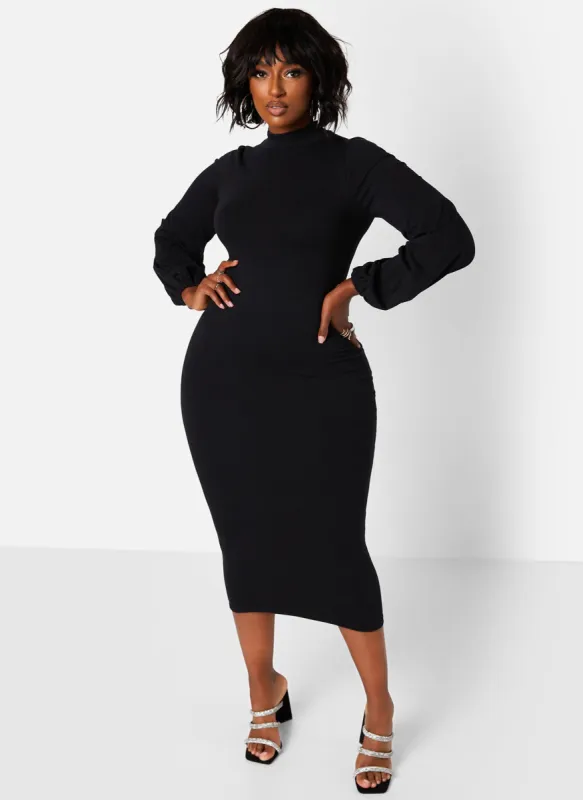 Turtleneck Cotton Puff Sleeves Bodycon Midi Dress sold by Rebdolls