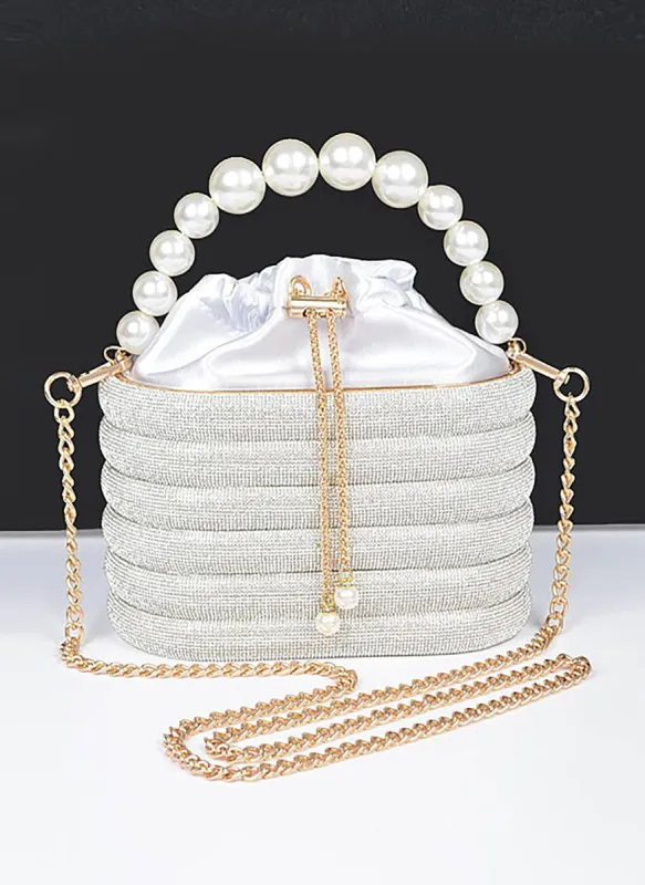 Faux Pearl Handle Rhinestone Statement Bucket Clutch sold by Rebdolls