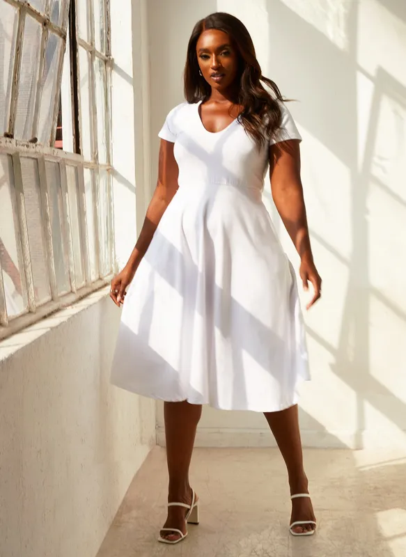 Essential V-Neck Skater Midi Dress W. Pockets - White sold by Rebdolls