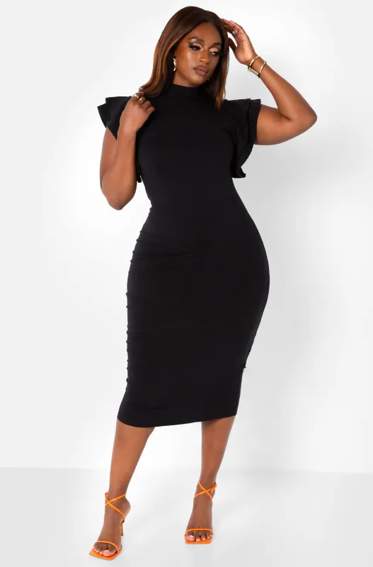 All The Drama Ruffle Sleeve Midi Bodycon Dress - Black sold by Rebdolls