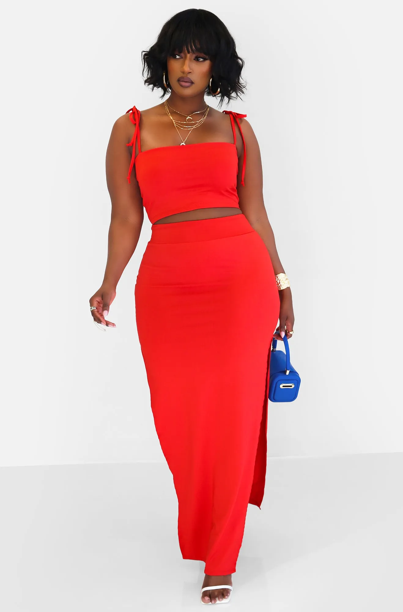 Hottie Tie Strap Crop Top & Thigh Slit Maxi Bodycon Skirt - Red sold by Rebdolls product image thumbnail 2