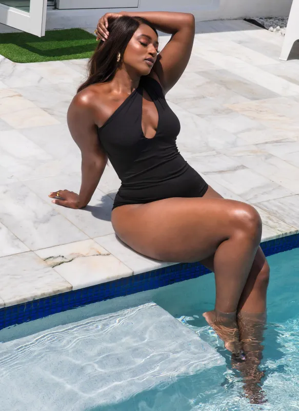 Honey Cut Out One Shoulder One Piece Swimsuit - Black sold by Rebdolls