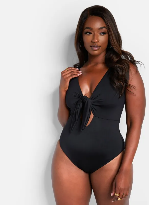 Happy Hour Tie Front Keyhole Swimsuit - Black sold by Rebdolls