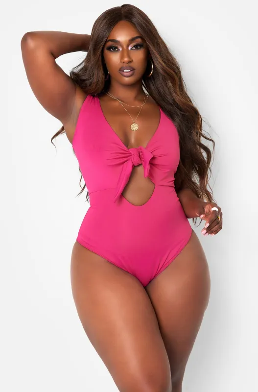 Happy Hour Tie Front Keyhole Swimsuit - Fuchsia sold by Rebdolls