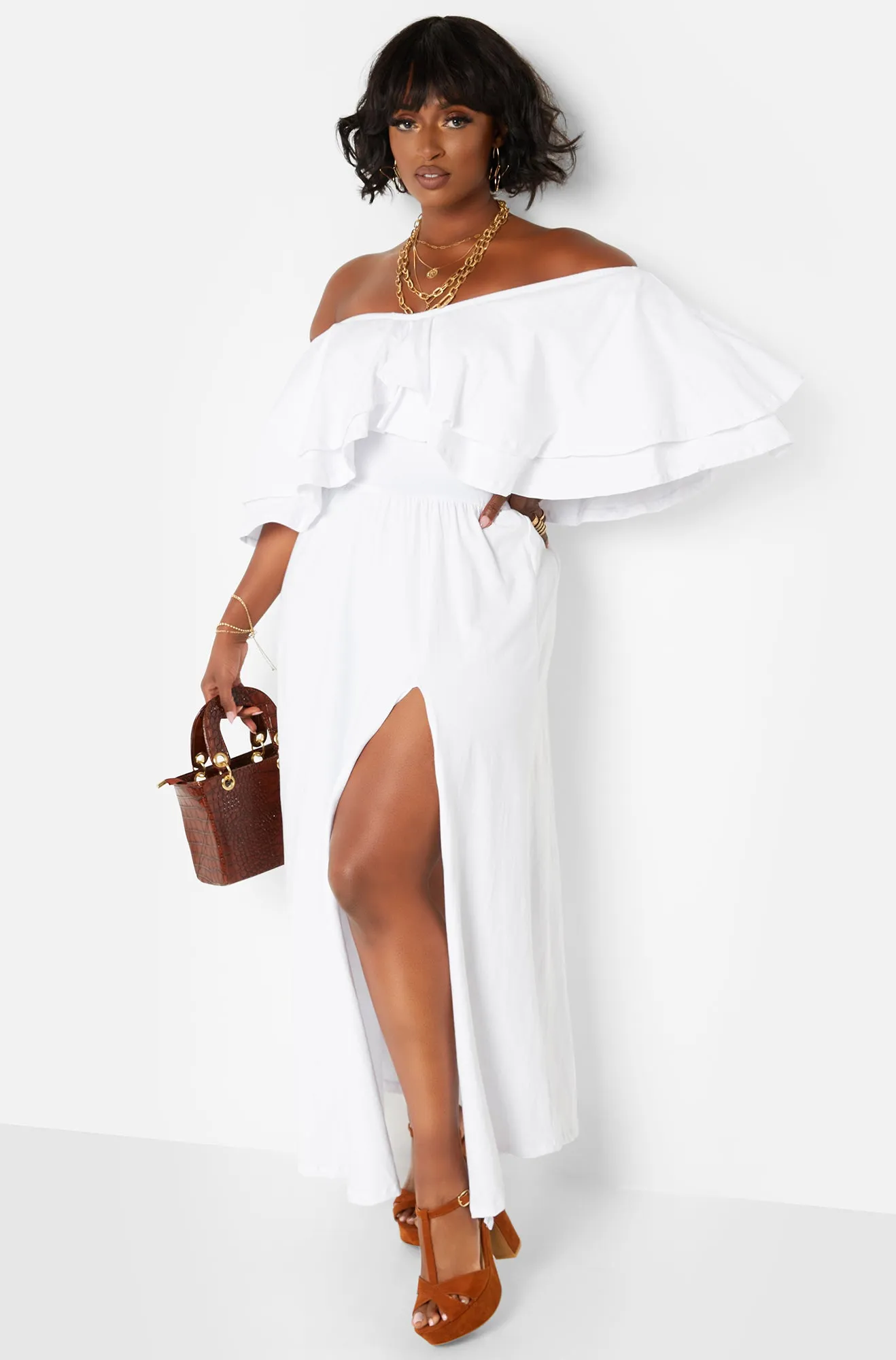 Rock The Boat Ruffle Over The Shoulder Side Slit Skater Maxi Dress sold by Rebdolls product image thumbnail 3