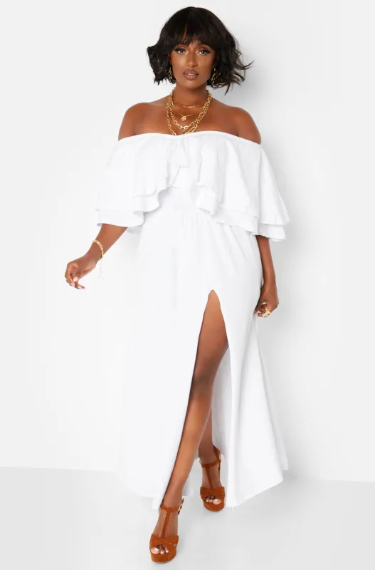 Rock The Boat Ruffle Over The Shoulder Side Slit Skater Maxi Dress sold by Rebdolls