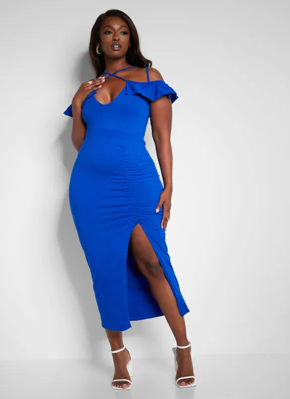 Got His Attention Ruched Bodycon Midi Dress - Royal Blue sold by Rebdolls