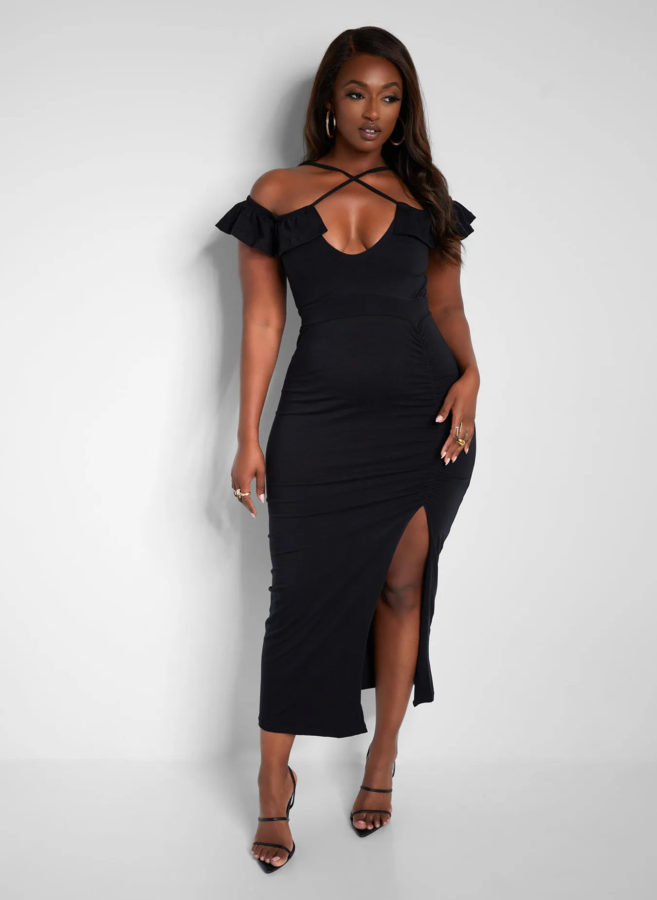 Got His Attention Ruched Bodycon Midi Dress - Black sold by Rebdolls