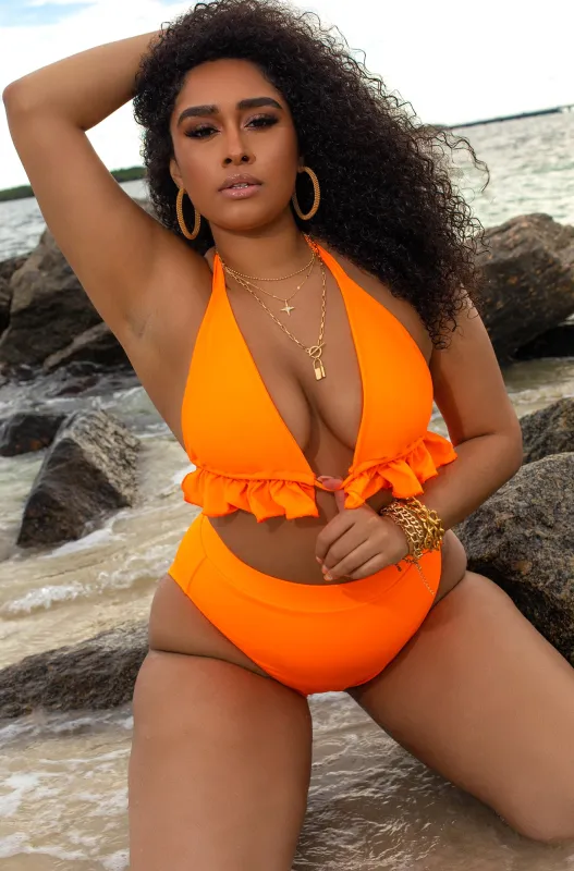 Sun Kissed Criss Cross Halter Ruffle Trim Bikini Top sold by Rebdolls