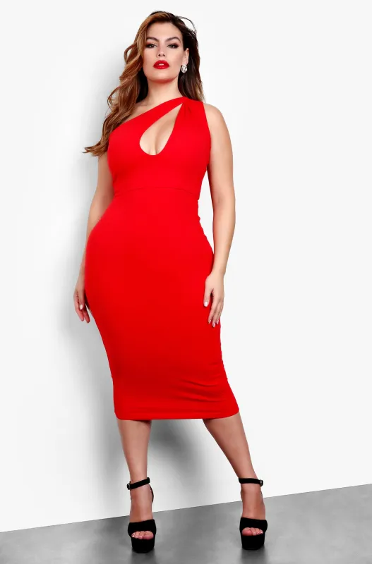 Little Sneak Peak One Shoulder Keyhole Bodycon Midi Dress - Red sold by Rebdolls
