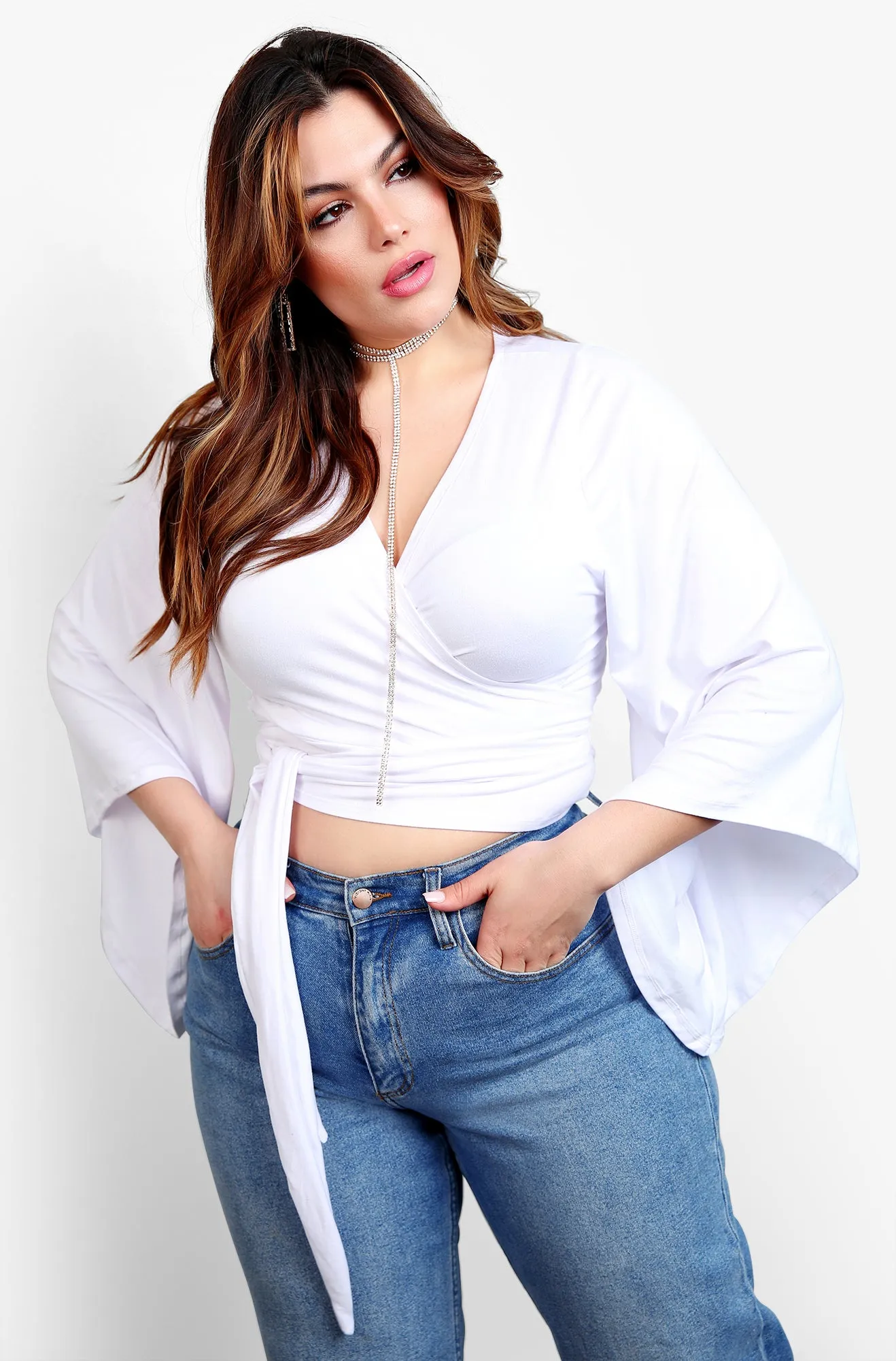 Go On Kimono Sleeve Wrap Around Tie Front Crop Top - White sold by Rebdolls