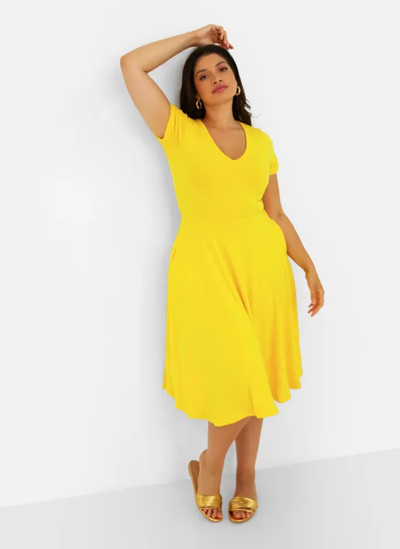 Essential V-Neck Midi Skater Dress - Yellow sold by Rebdolls