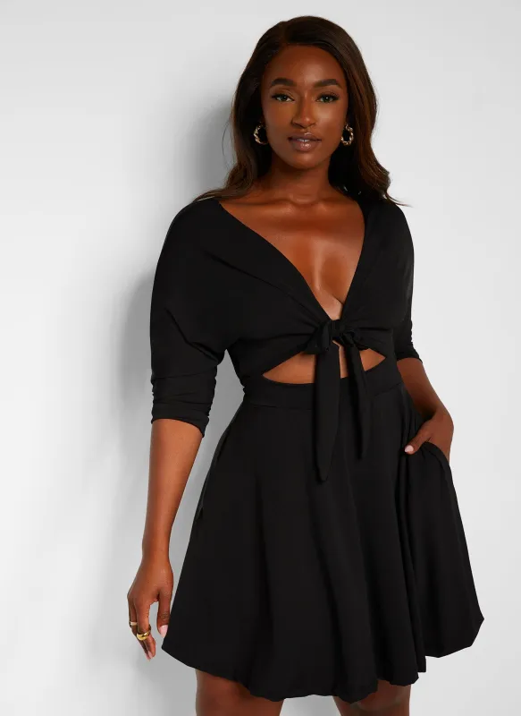 Aimee Front Tie Mini Skater Dress - Black sold by Rebdolls