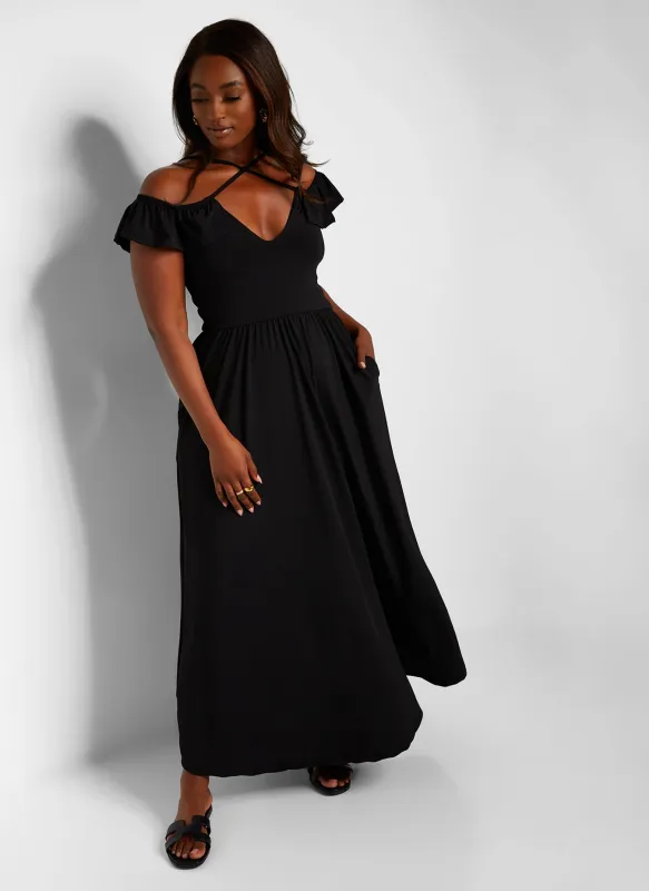 Pure Intentions Ruffle Sleeve Maxi A Line Dress W. Pockets - Black made by Rebdolls