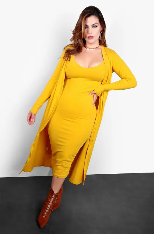 A Lot To Love V-Neck Midi Dress & Cardigan Set - Mustard sold by Rebdolls
