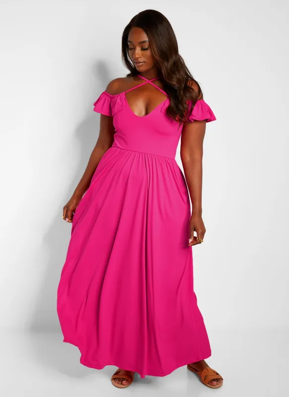 Pure Intentions Ruffle Sleeve Maxi A Line Dress W. Pockets - Fuchsia sold by Rebdolls