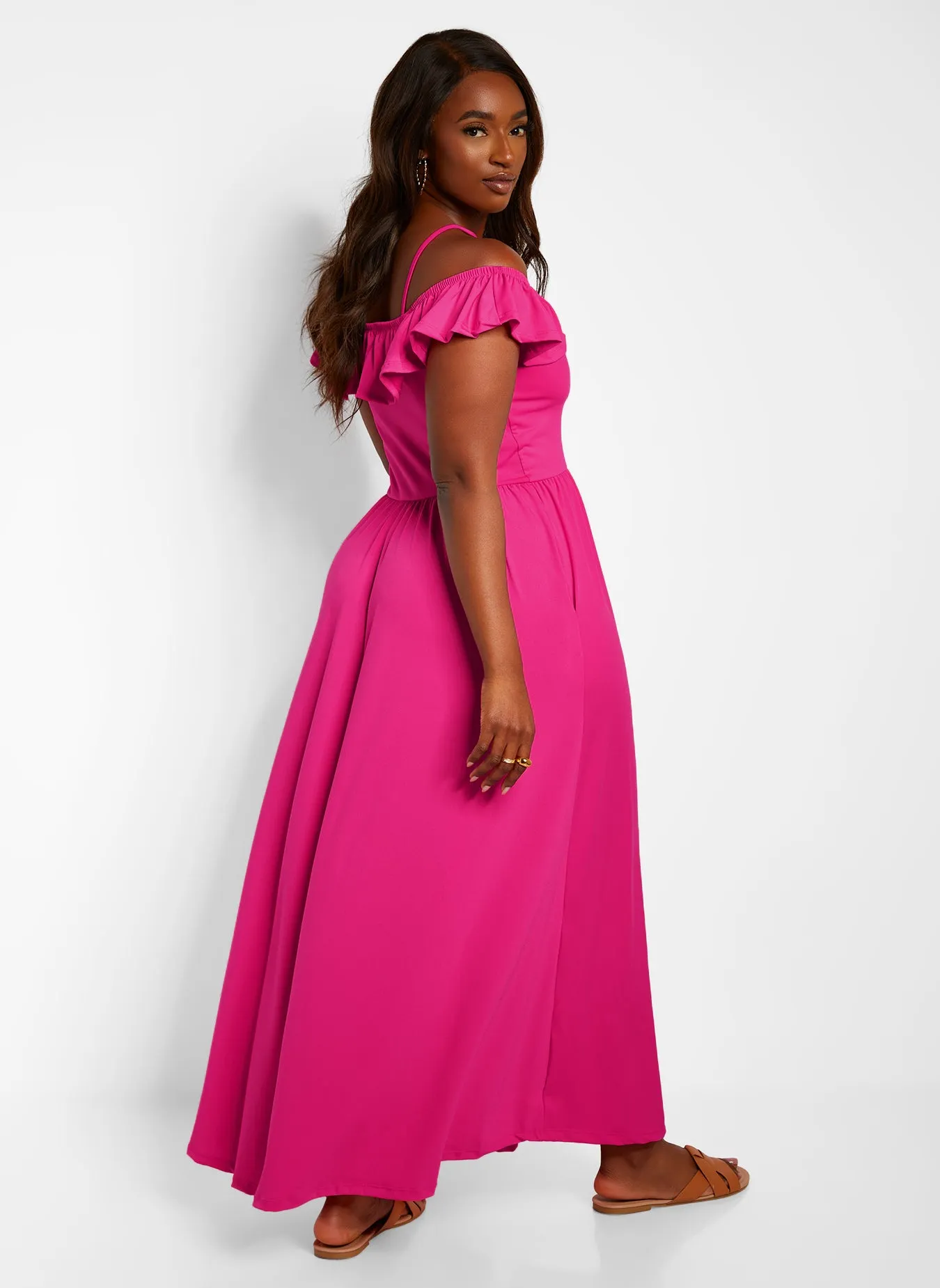 Pure Intentions Ruffle Sleeve Maxi A Line Dress W. Pockets - Fuchsia sold by Rebdolls product image thumbnail 5