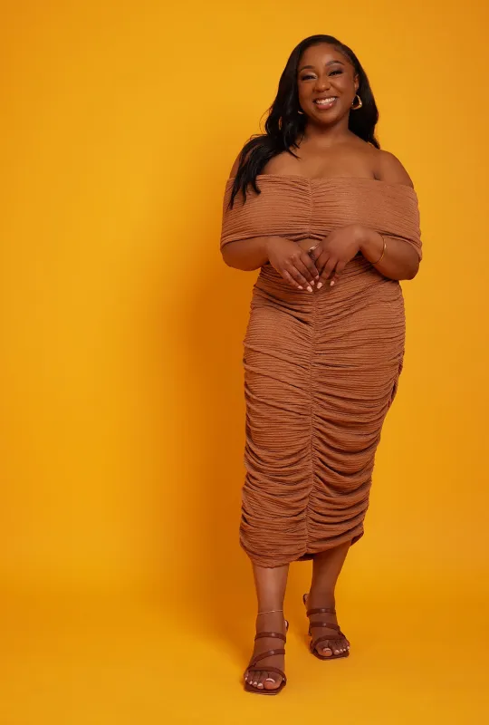 Jacqueline Ruched Over The Shoulder Textured Maxi Dress sold by Rebdolls