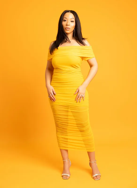 Kimberly Over The Shoulder Ruched Bodycon Midi Dress w. Lining sold by Rebdolls