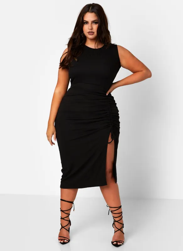 A Lot To Love Ribbed Ruched Drawstring Bodycon Midi Dress sold by Rebdolls