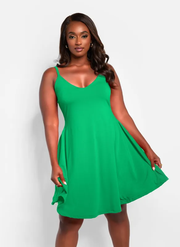 Essential V Neck Strappy Mini Skater Dress - Green sold by Rebdolls