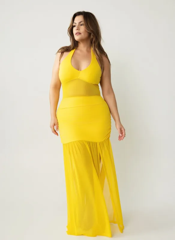 Malia Halter Mesh Ruched Maxi Dress sold by Rebdolls