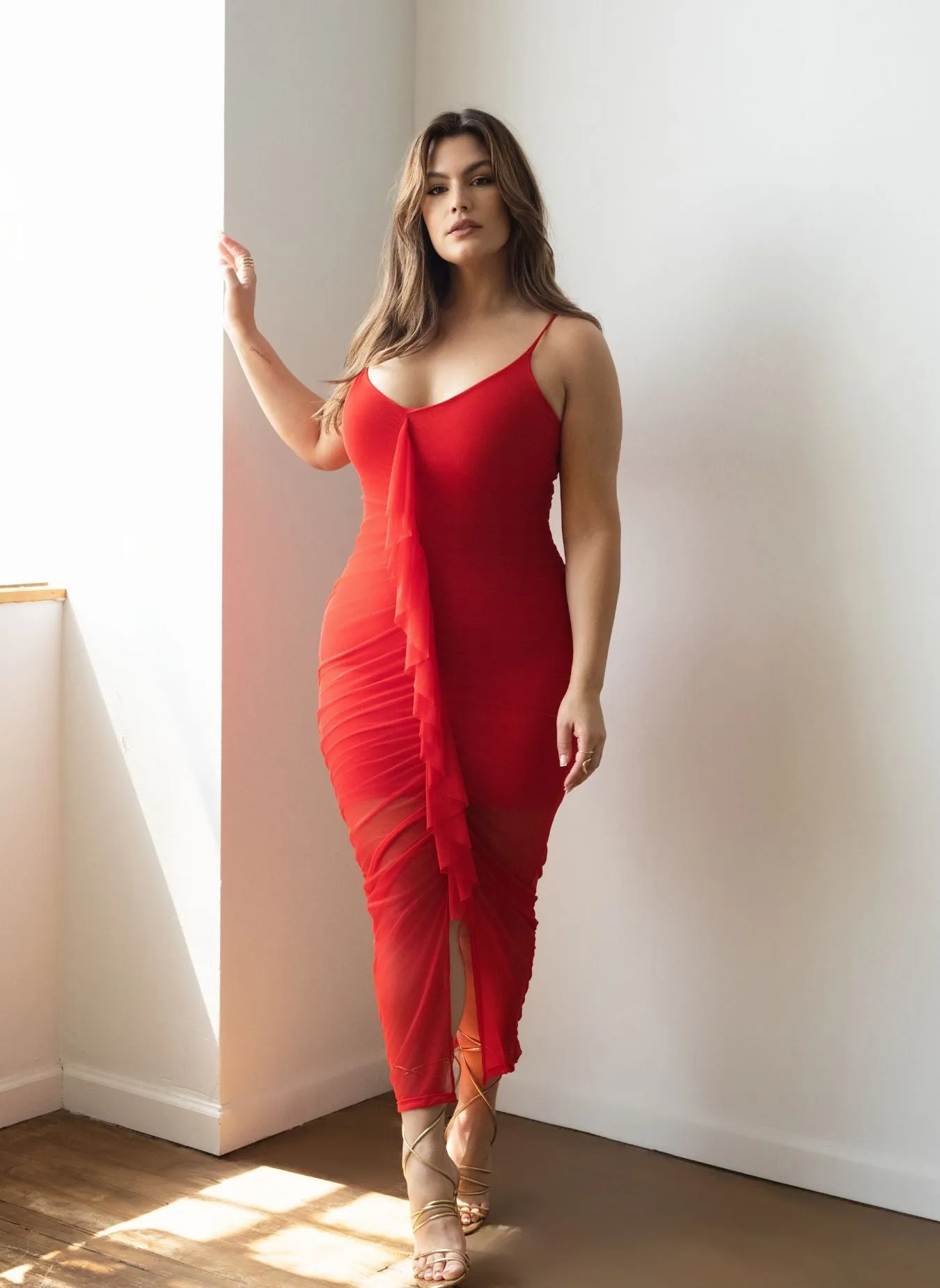 Lenia Ruched Mesh Bodycon Midi Dress sold by Rebdolls