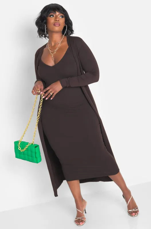 A Lot To Love V-Neck Midi Dress & Cardigan Set - Brown sold by Rebdolls