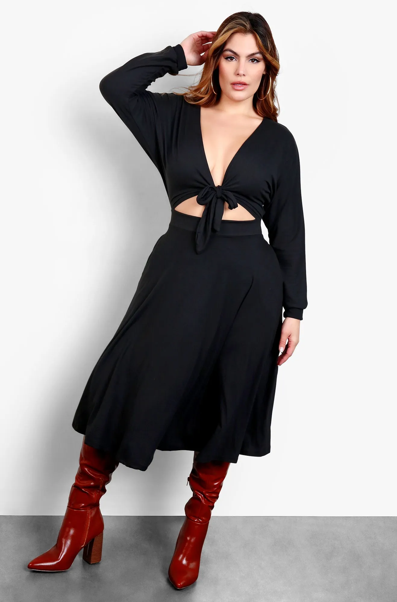 Your Needs Front Tie Skater Midi Dress - Black sold by Rebdolls product image thumbnail 2