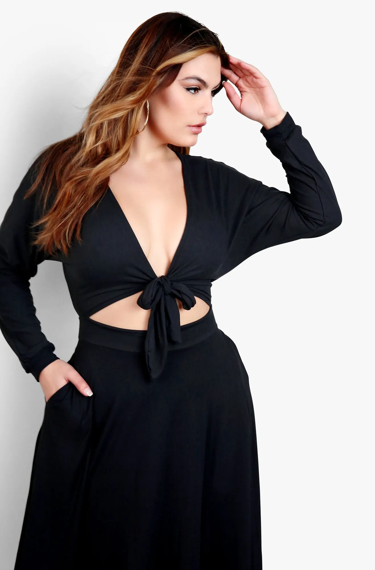 Your Needs Front Tie Skater Midi Dress - Black sold by Rebdolls product image thumbnail 3