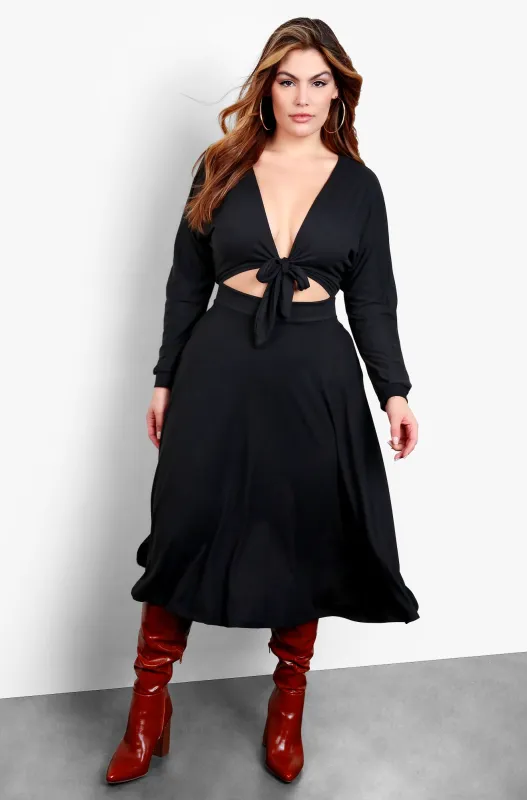 Your Needs Front Tie Skater Midi Dress - Black sold by Rebdolls