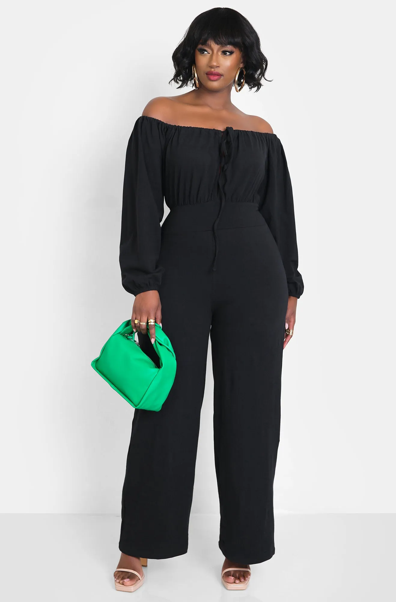Champagne Toast Tie Front Long Sleeve Jumpsuit - Black sold by Rebdolls