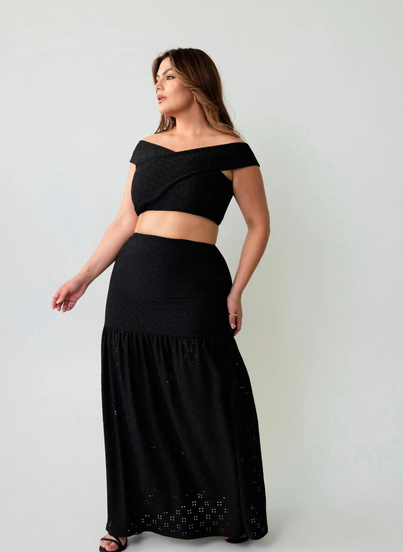 Naomi Eyelet Crop Top & Ruched Skirt Set sold by Rebdolls