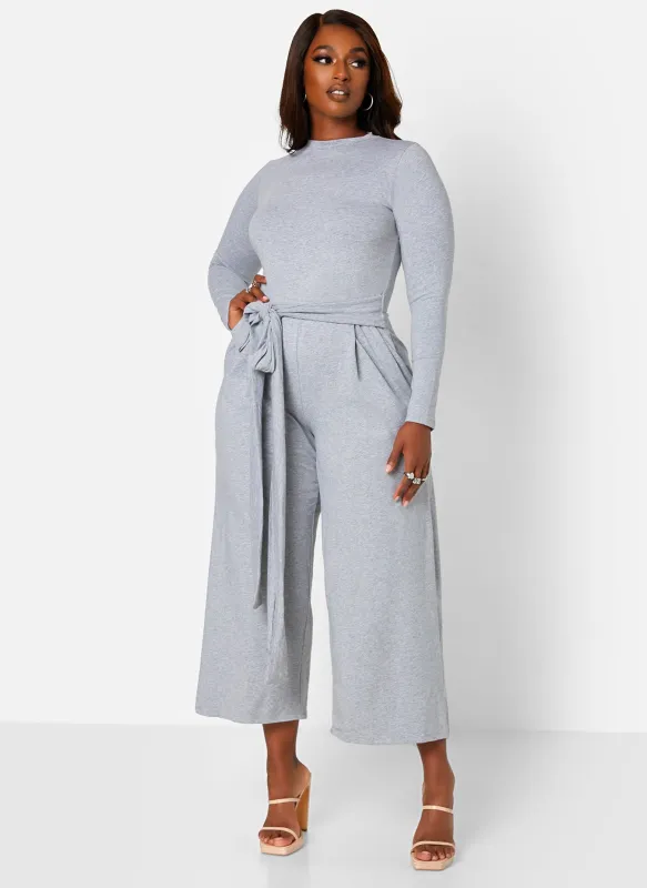 Let's Wrap It Up Tie Front Long sleeve Jumpsuit - Gray sold by Rebdolls