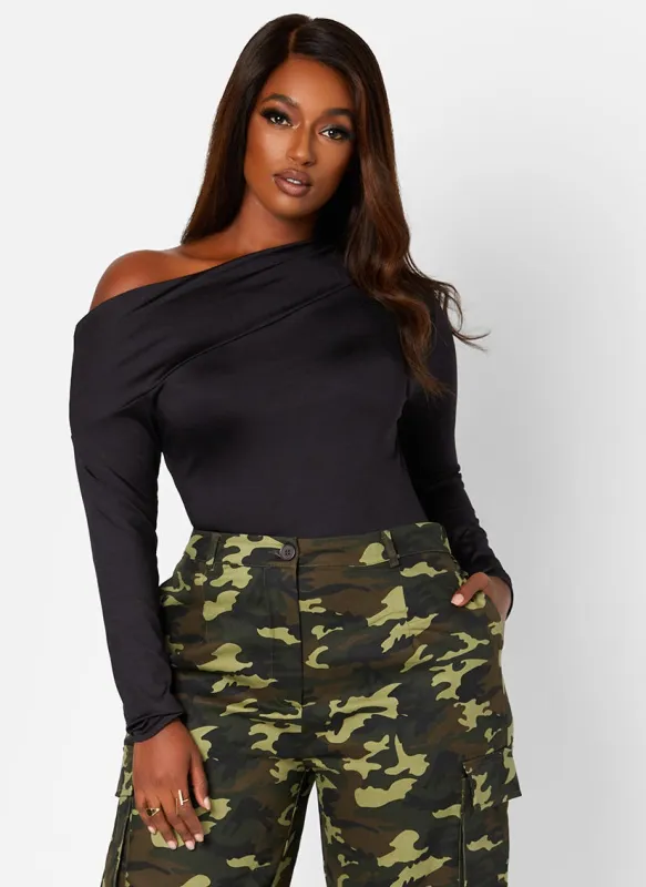 The Nominee Asymmetrical Neckline Bodysuit - Black sold by Rebdolls